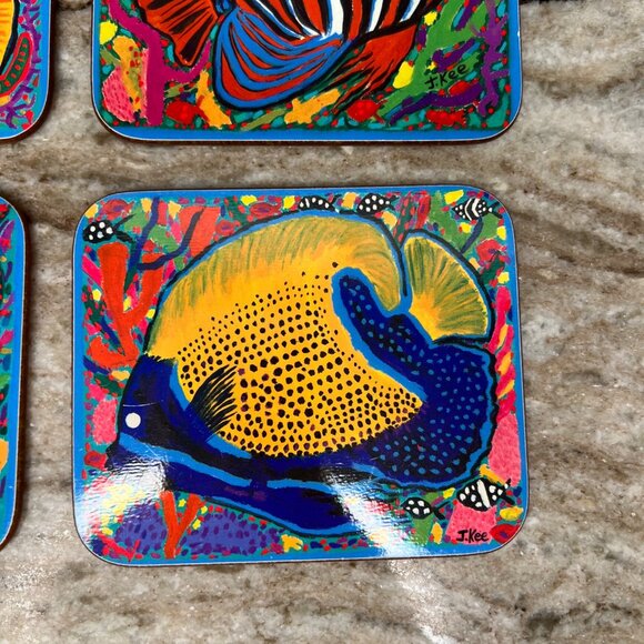 Rare VTG Jenny Kee Set Of 6 Coasters Cork Back Barrier Reef Tropical Fish - Picture 2 of 13